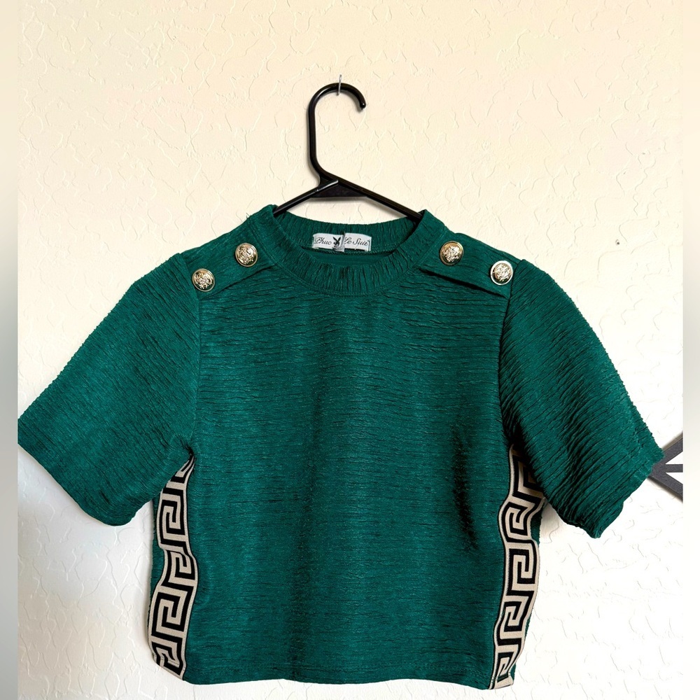 4/$20 - PHUC LE SUIT Green Crop Top with Gold Button Accents